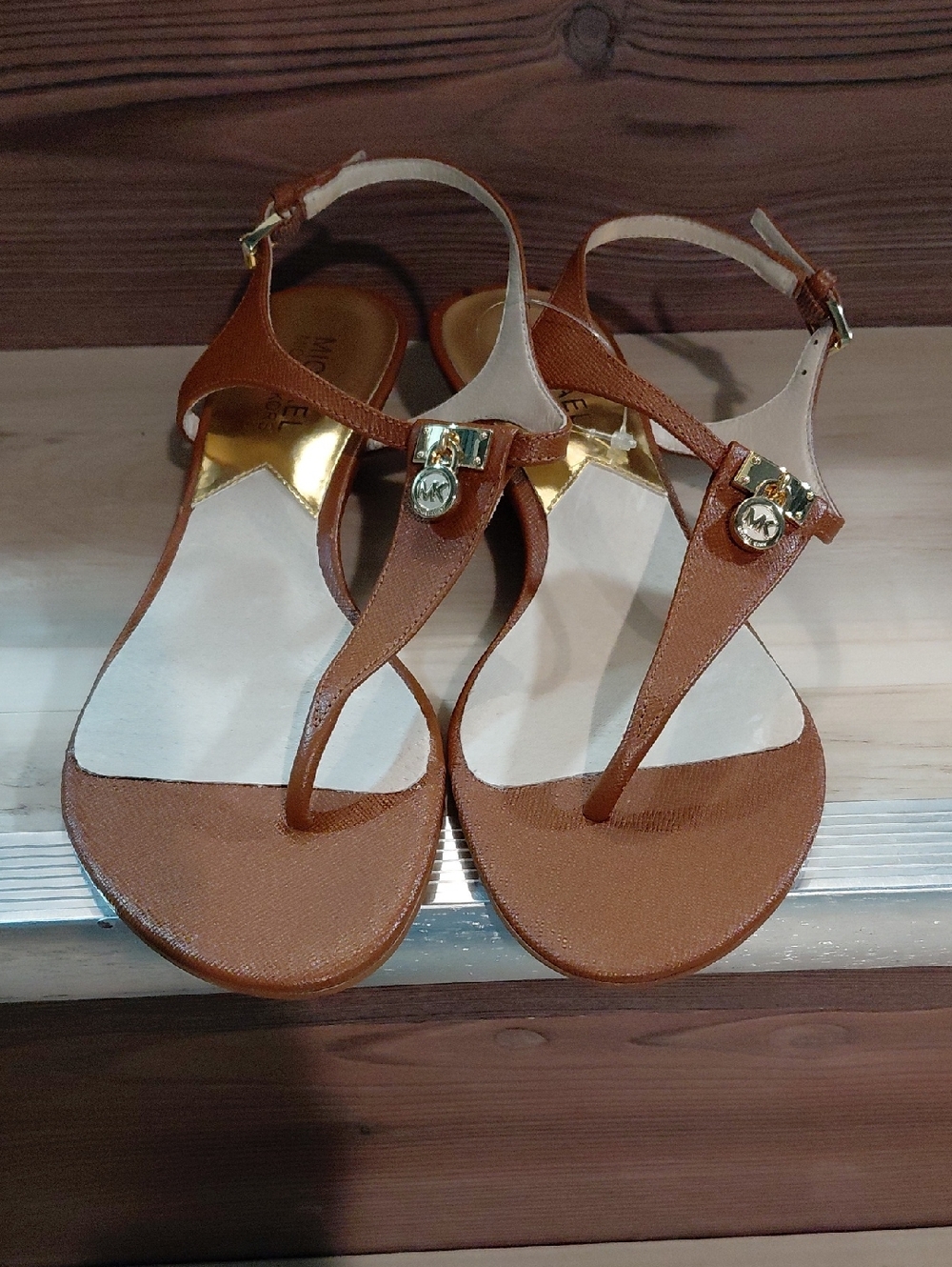 Michael Kors Tan Brown T-Strap Sandals with Gold Accents